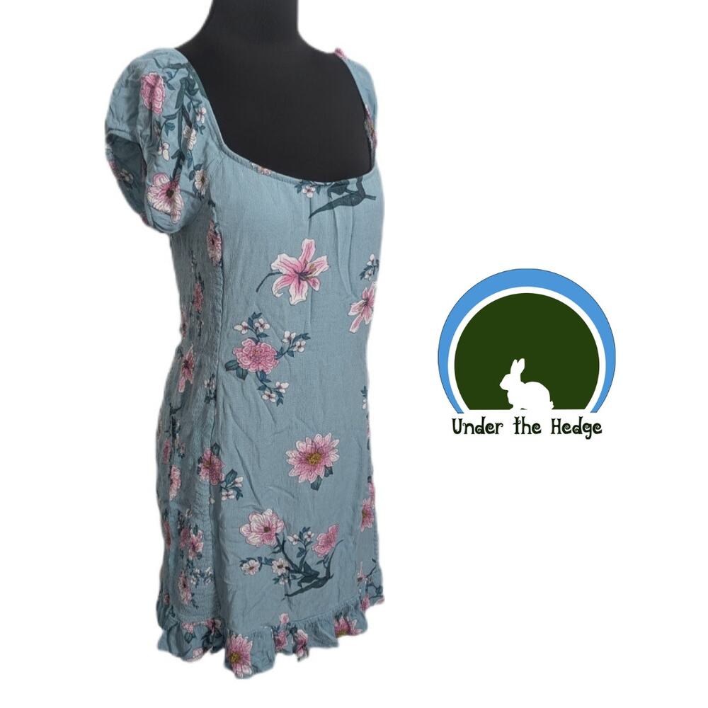 REVAMPED Blue Floral Gauzy Smocked Mini Ruffle Dress Fits Large F2